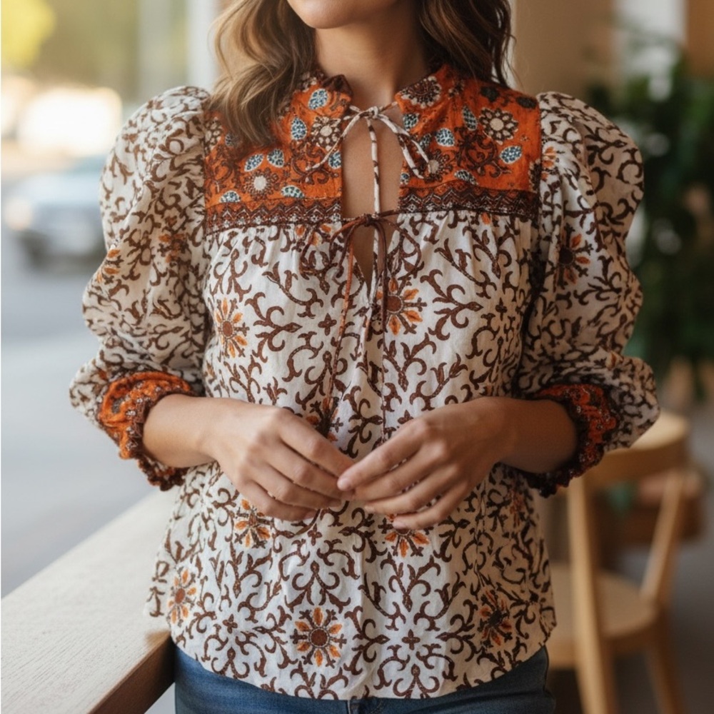 House of Harlow 1960 Bohemian Blouse - Orange and White